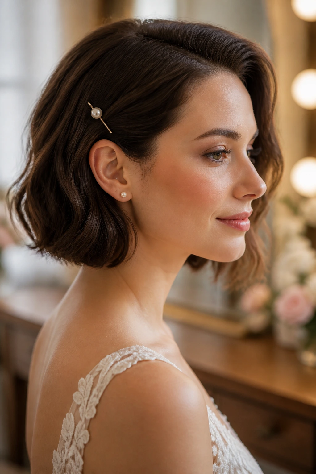 Bride with bob featuring a single pearl hairpin in a softly lit vanity setting.