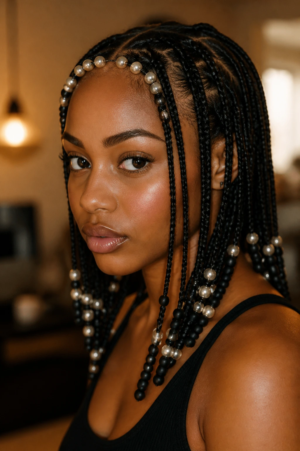Close-up of a real person with mixed bead finishes on a beaded hairstyle