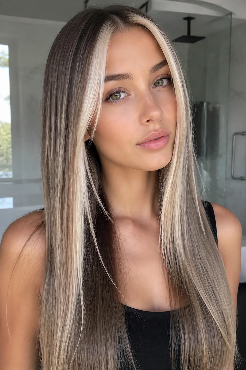 Real woman with pearl blonde money piece around the face on long straight hair