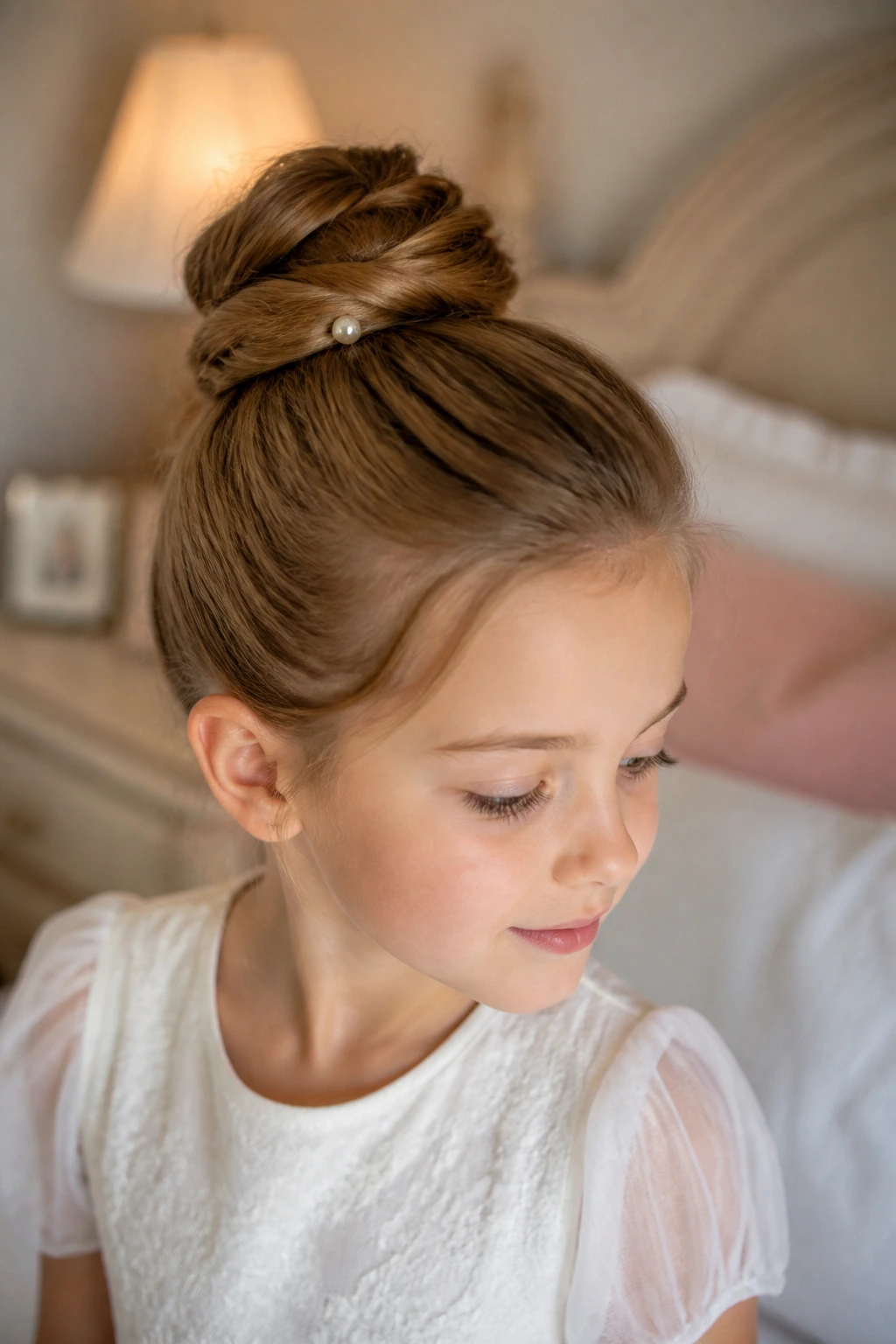 Close-up of a child’s bun with a tiny pearl pin adding a subtle, special touch.