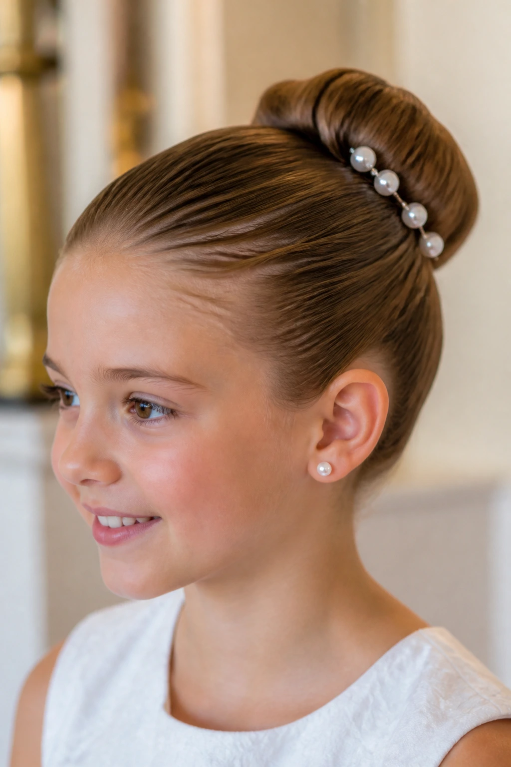 Bun with pearl pins along outer curve for ceremony