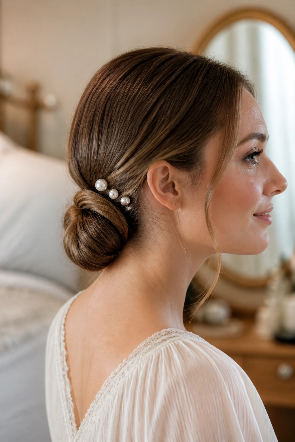 Close-up of a real woman with a low knot bun and pearl pins on one side