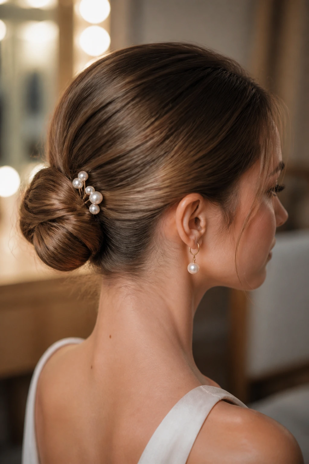 Close-up of a real woman with a low chignon adorned with pearl pins