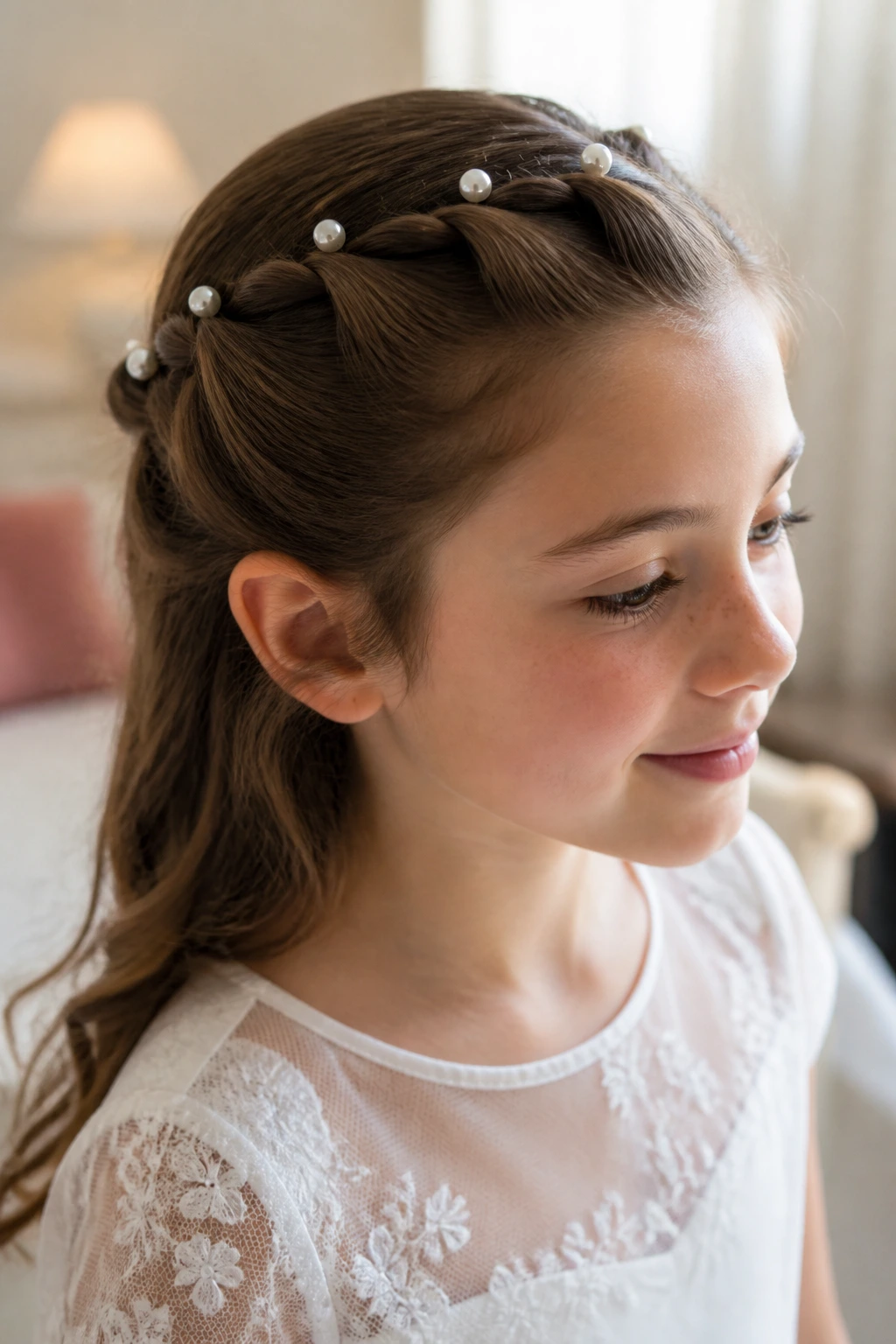 Close-up of crown twists pinned with pearl pins on a real child