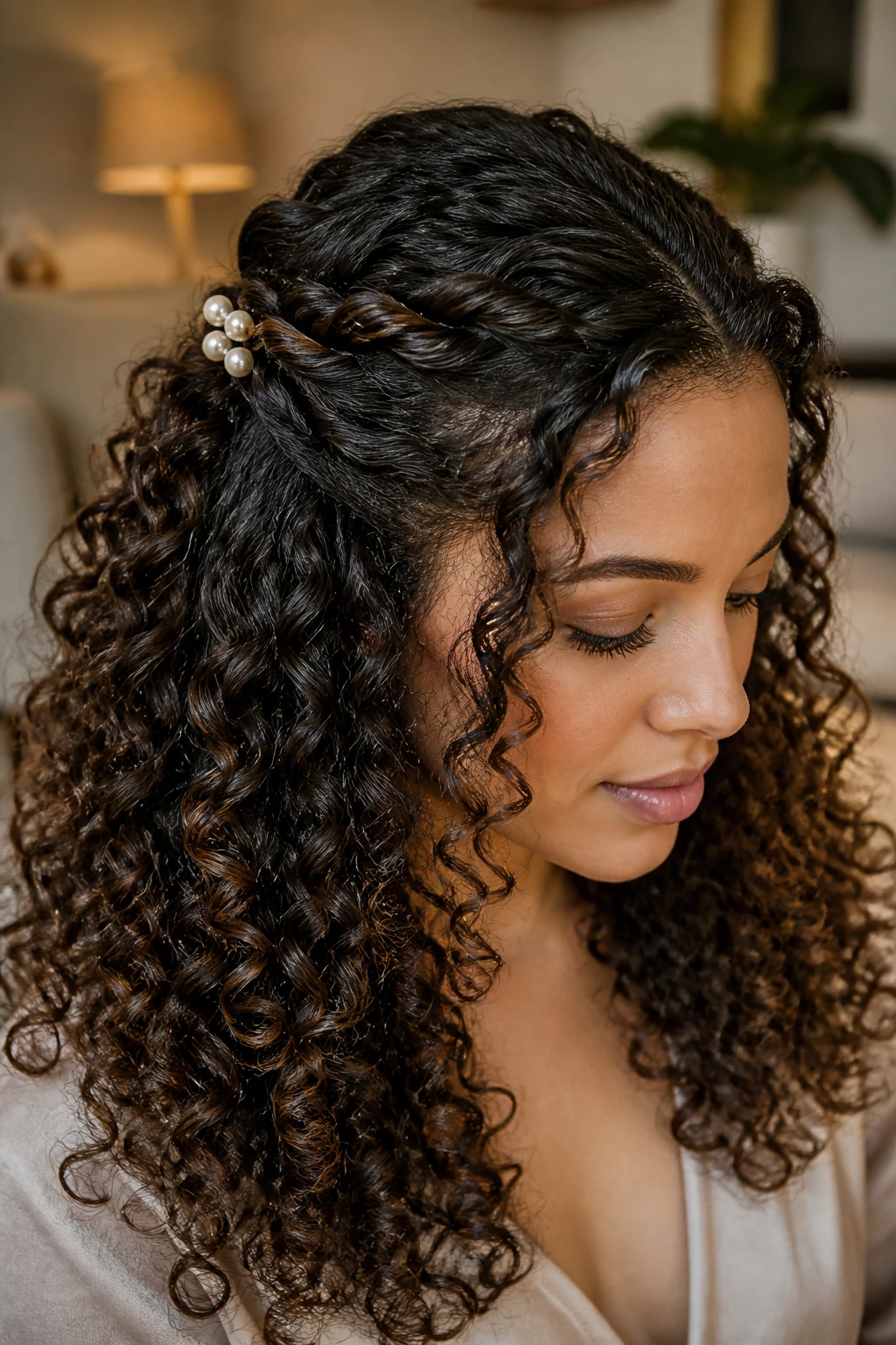 Close-up of real woman with pearl-pin half-up hairstyle