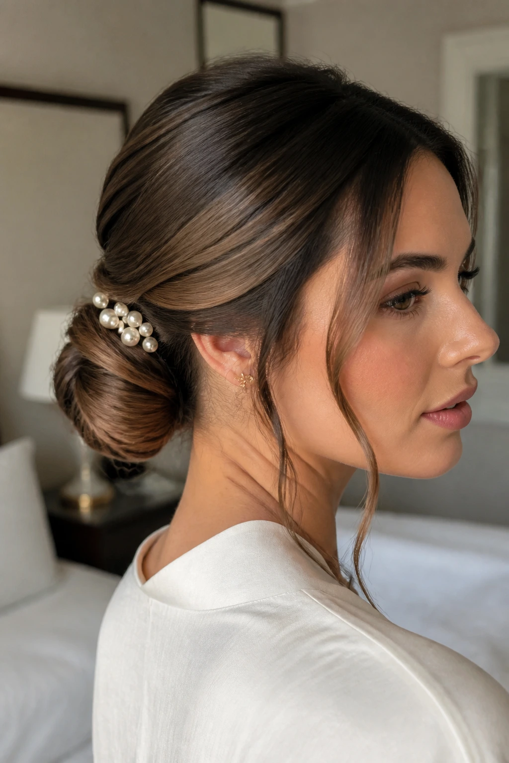 Close-up of Pearl-Pin Low Bun on a real woman with pearl pins near the base