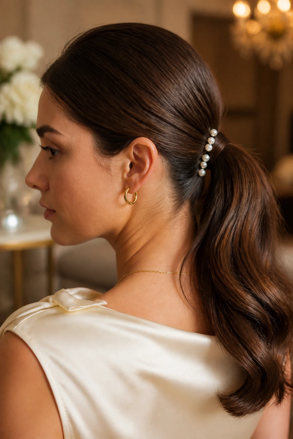 Close-up of a woman with pearl-pin accents on a sleek low ponytail