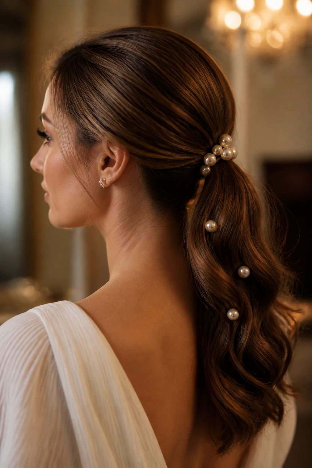 Real woman with pearl-pin ponytail in elegant indoor lighting