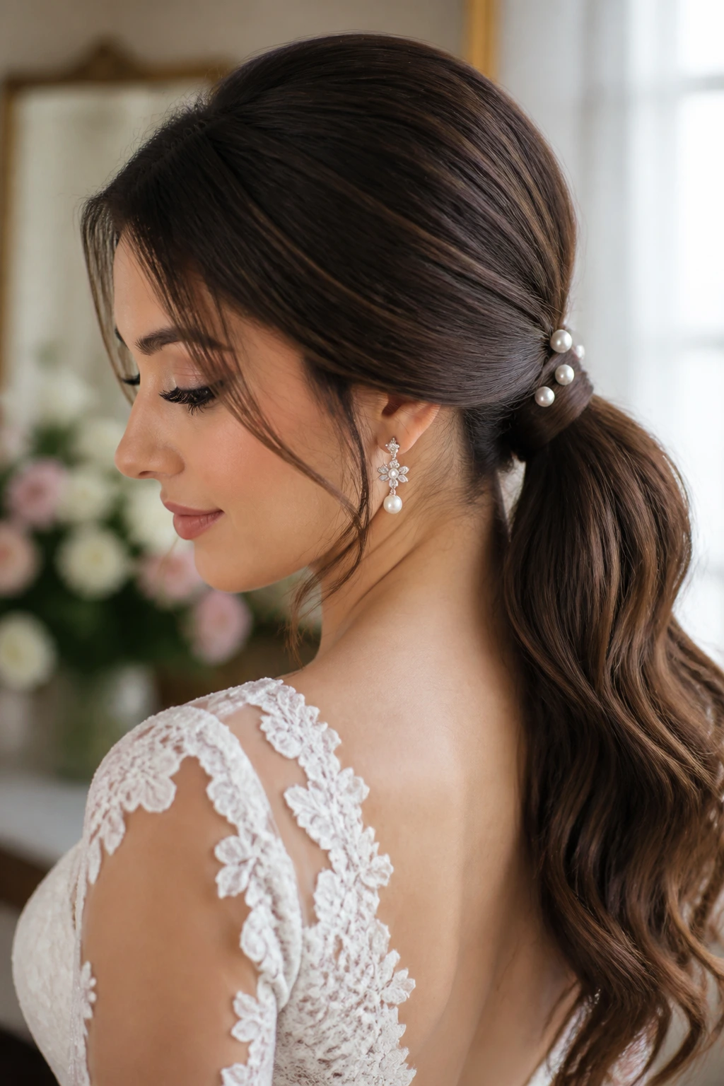 Close-up of bride with pearl-pin low ponytail