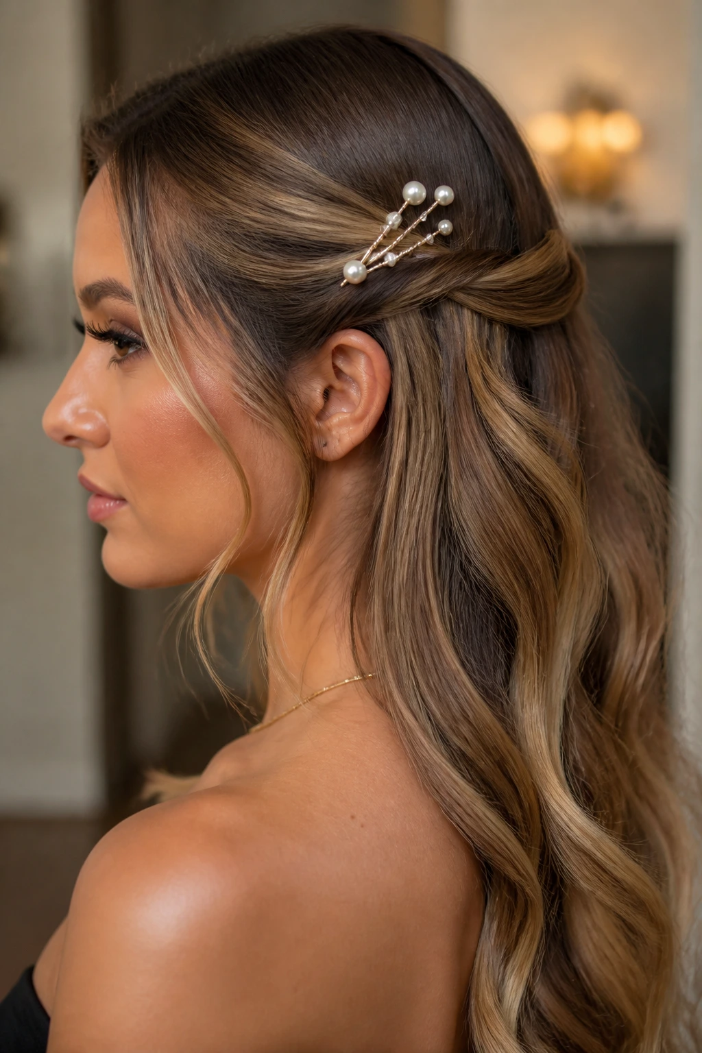 Side view of woman with pearl-pinned side twist