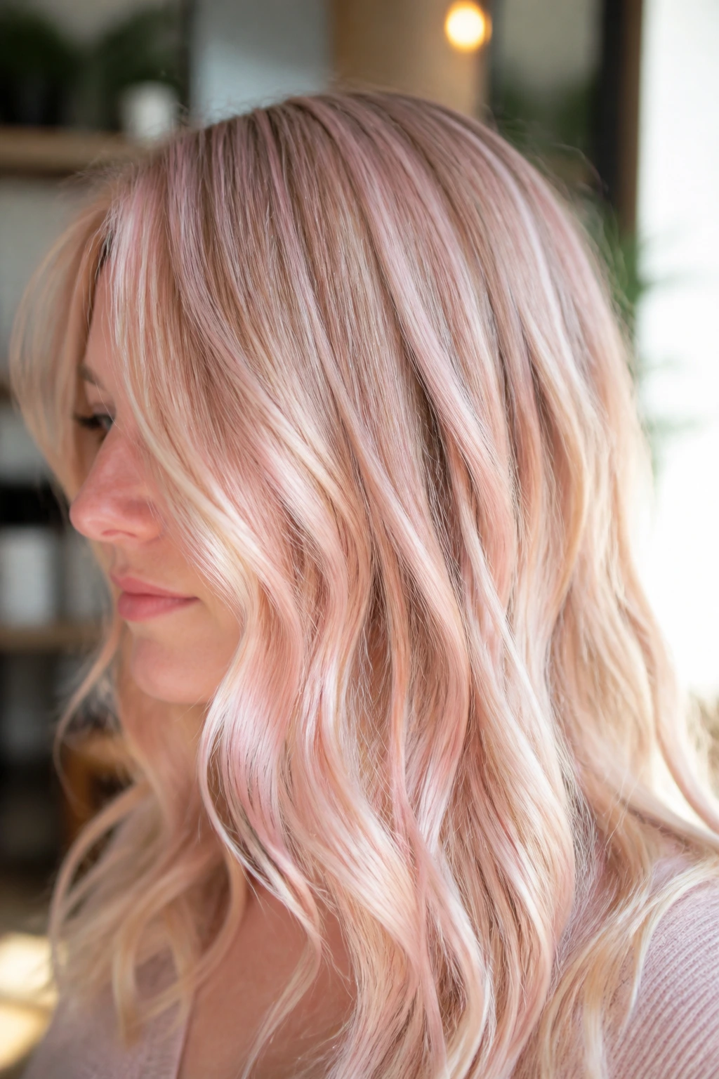 Close-up of pearl pink babylights on pale blonde hair with fine shimmering strands