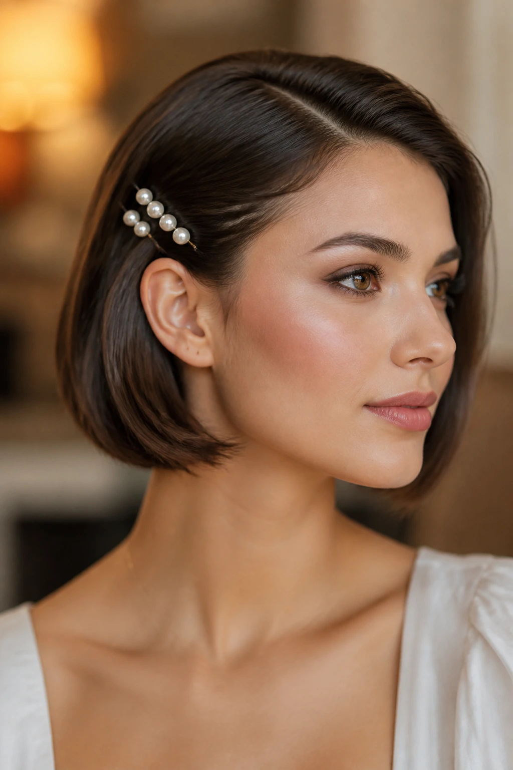Close-up of real woman with pearl-pinned bob under warm light