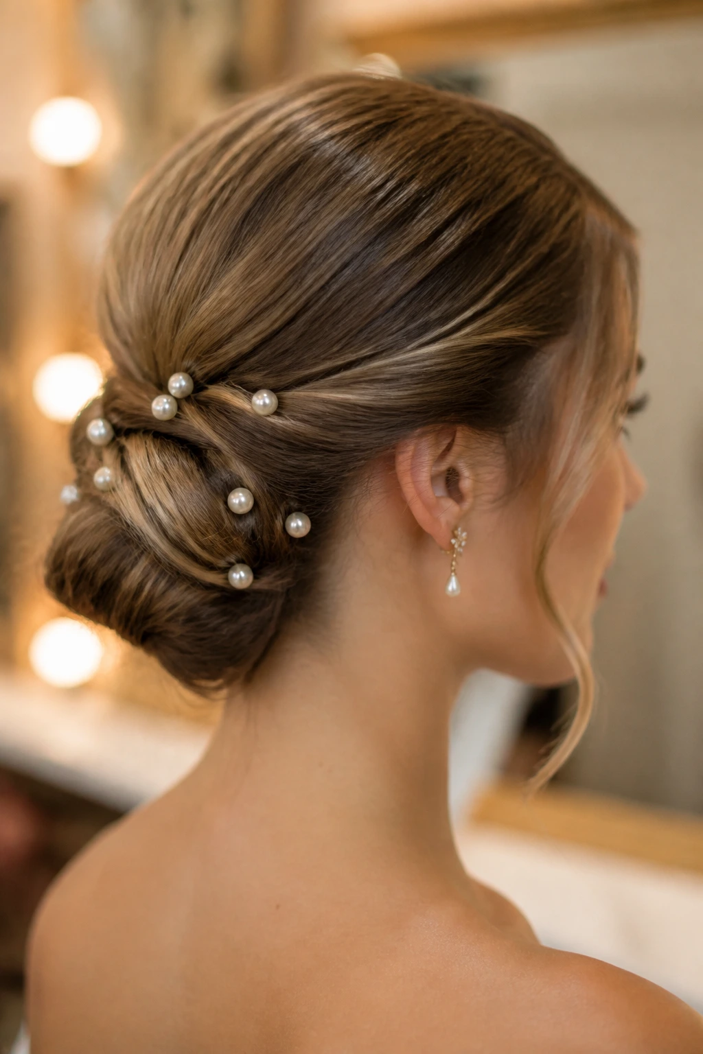 Close-up of a real woman with a pearl-adorned low bun