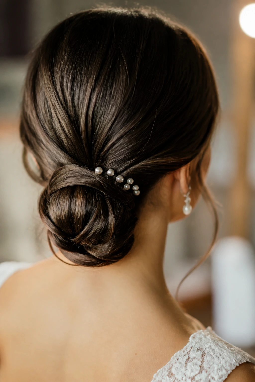 Real bride close-up with pearl pins lining bun seam