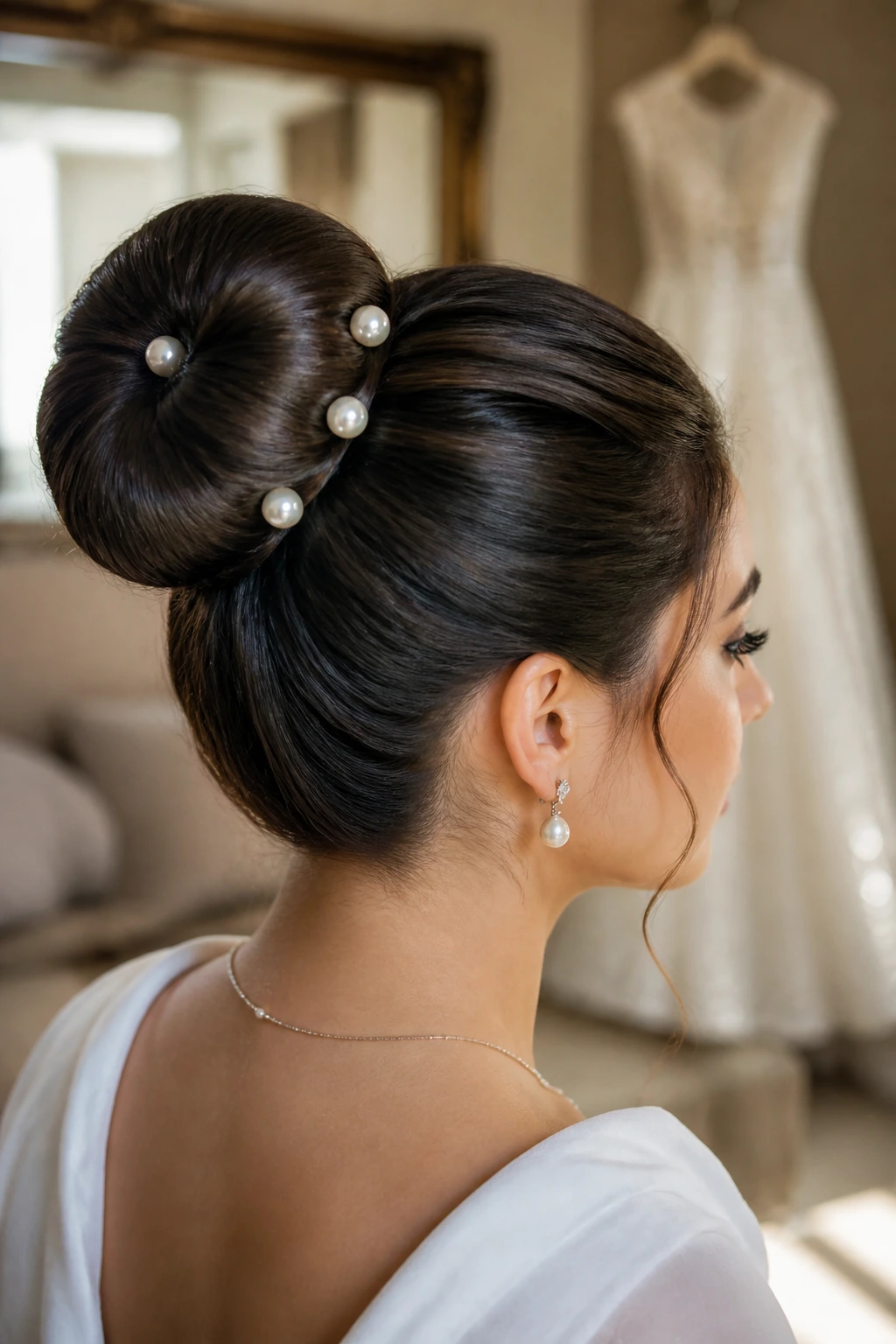 Close-up of a bride's pearl-pinned donut bun with pearl pins catching light in a bridal suite
