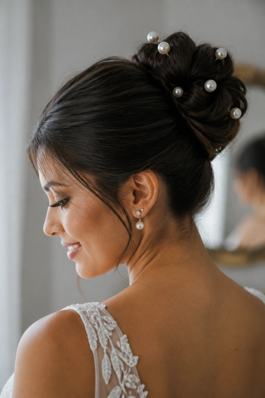 Bride with pearl-pinned bun showing delicate pearls