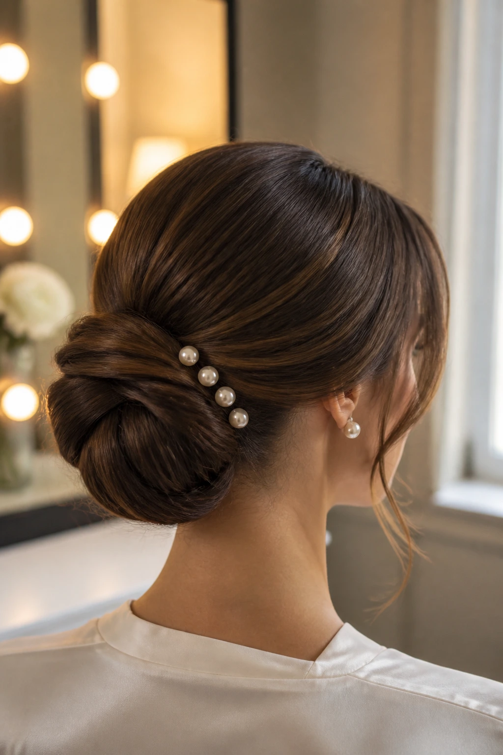 Close-up of a real woman with pearl-pinned chignon on one side
