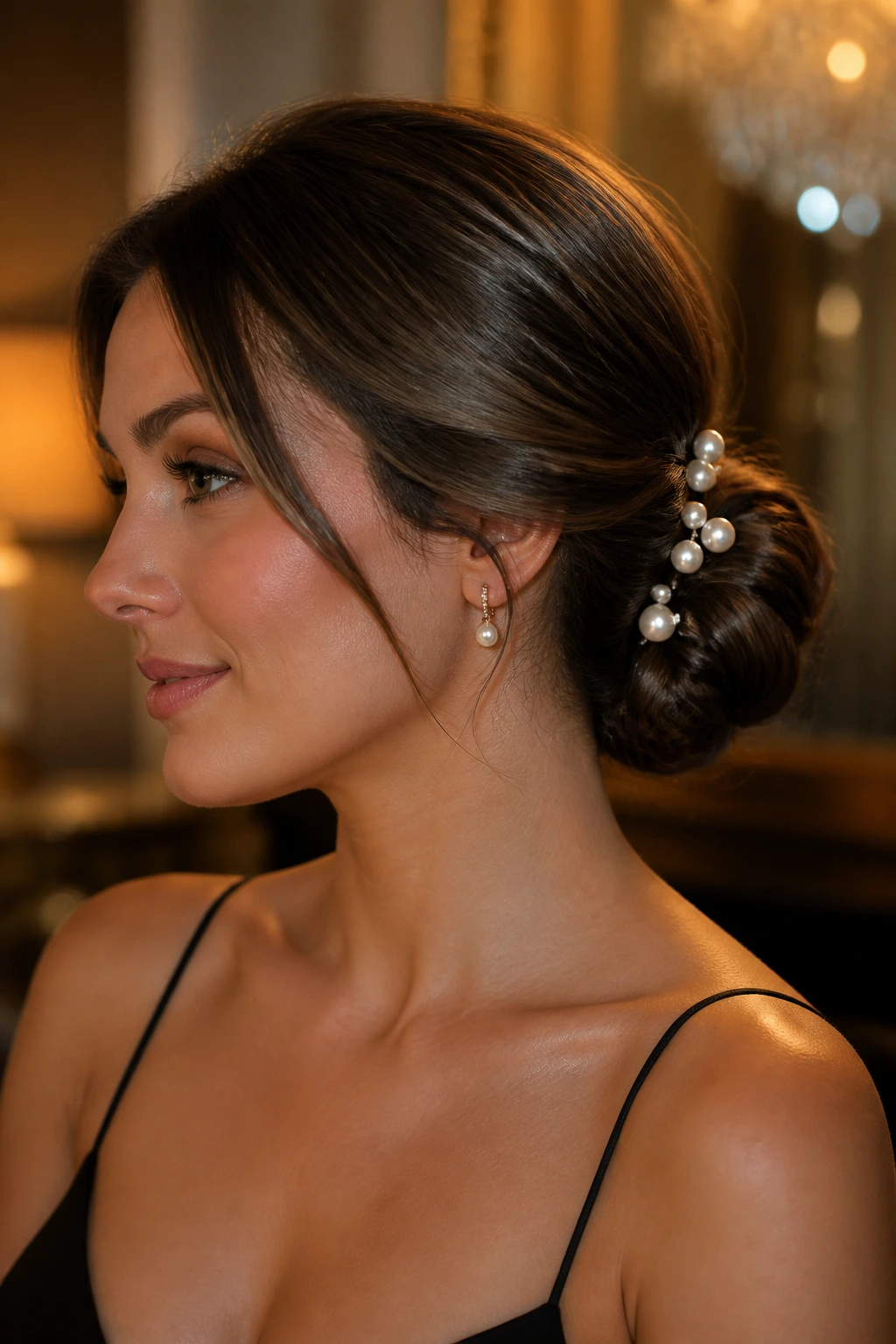 Close-up of a real woman with a pearl-pinned chignon