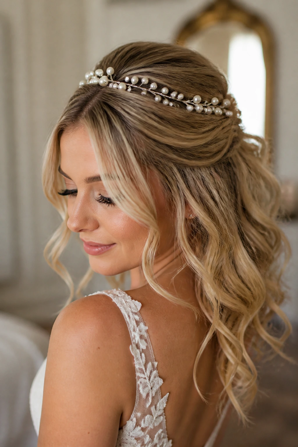 Bride wearing pearl-pinned crown with loose curls