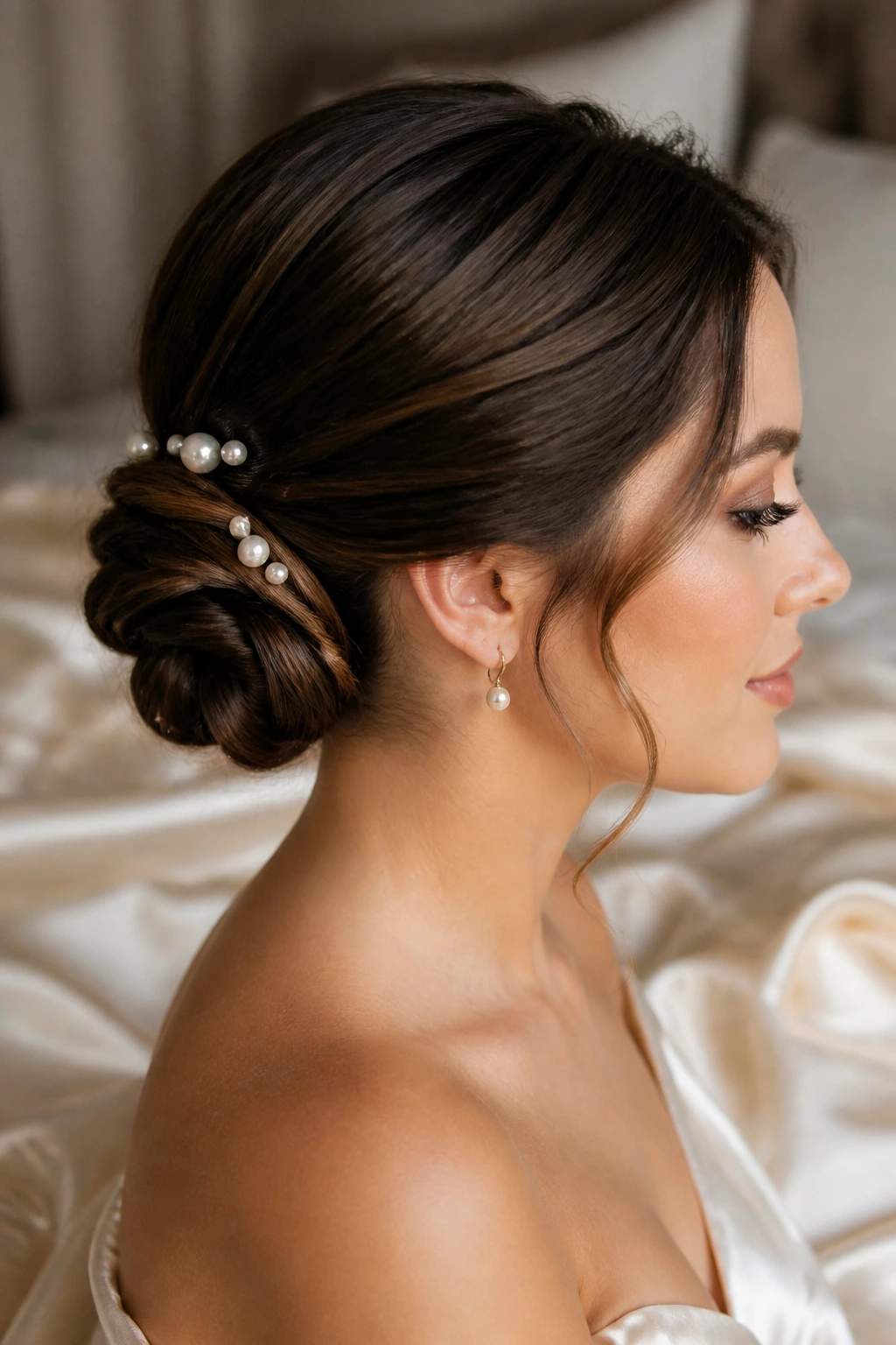 Close-up of a real bride's low knot with irregular pearl pins at the nape