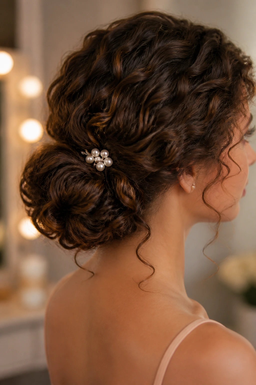 Close-up of pearl-pinned low roll at the nape on real hair