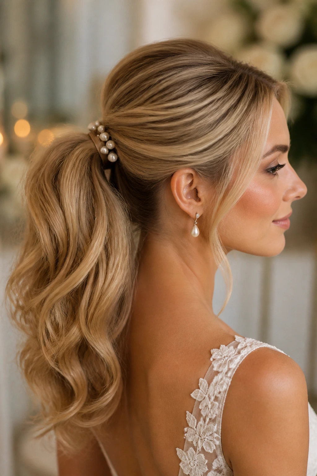 Bride wearing a pearl-pinned ponytail in an elegant wedding setting