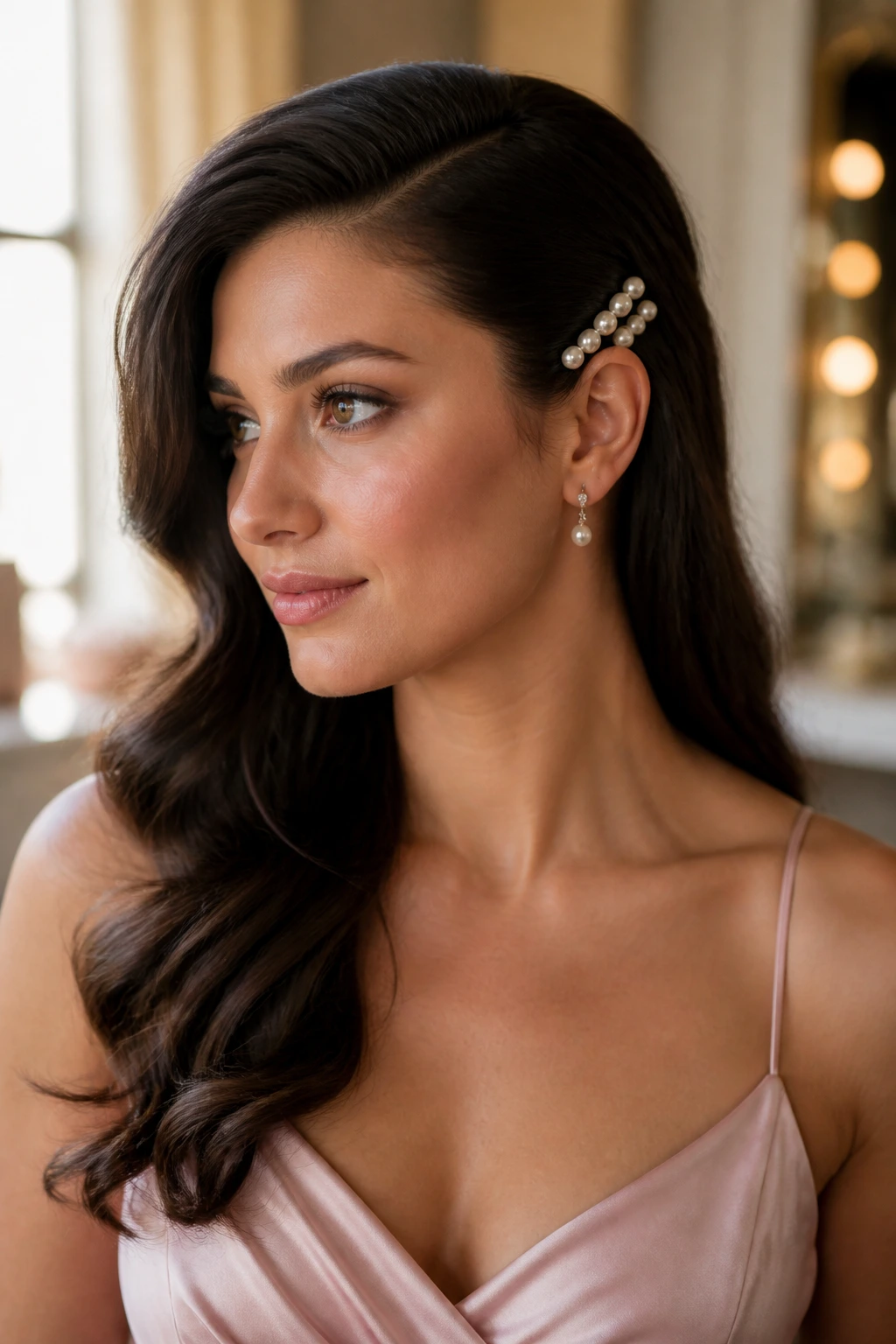 Close-up of a real woman with a pearl-pinned side sweep hairstyle