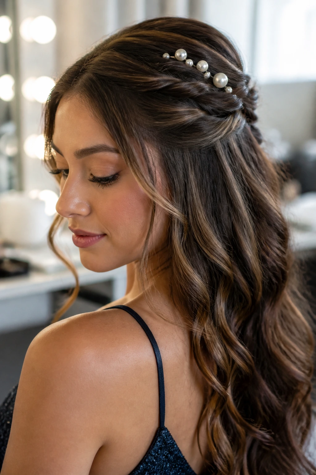 Real woman with pearl-pinned twist-back hairstyle for prom