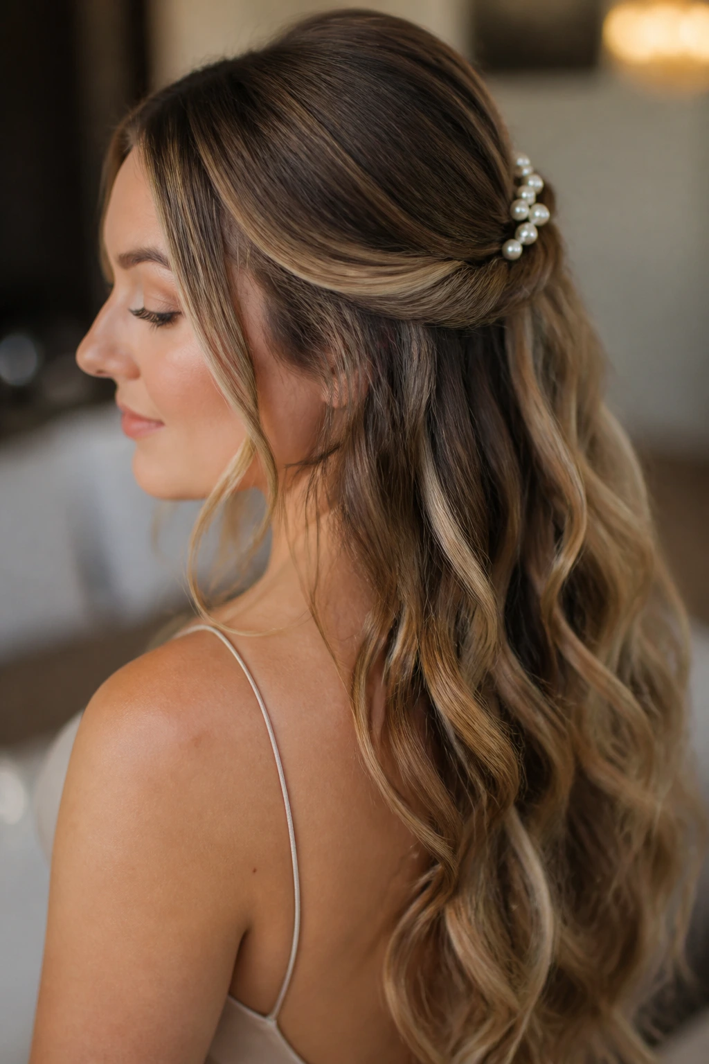 Close-up of a real woman with loose waves and pearl pins at the back.