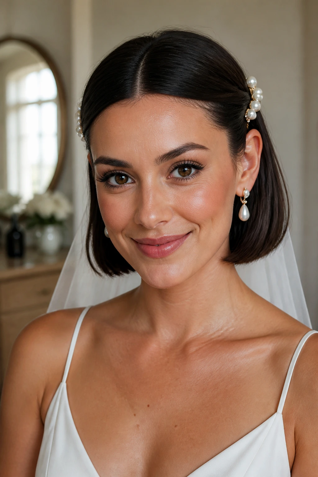 Bride with tucked-behind-ears pearl bob and pearl pins
