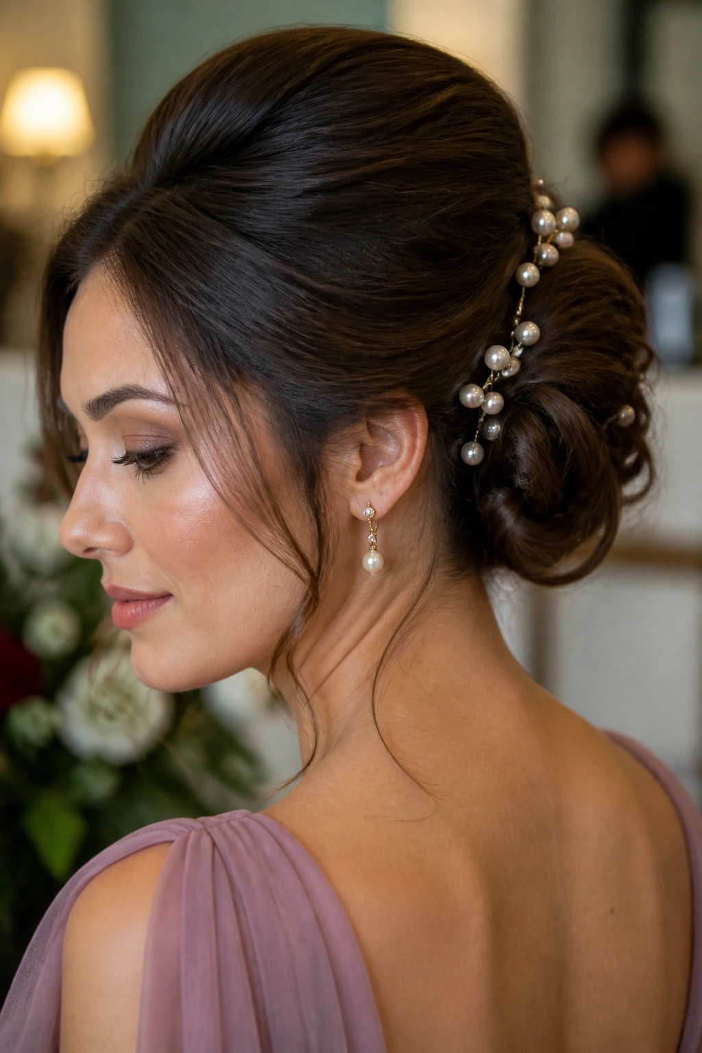 Pearl-pin bouffant bun close-up portrait with pearl pins around bun.