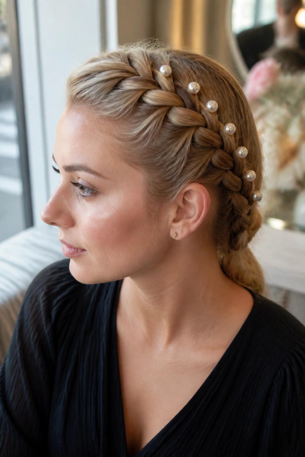 Close-up of a real woman with a matte French braid and pearl pins along one side