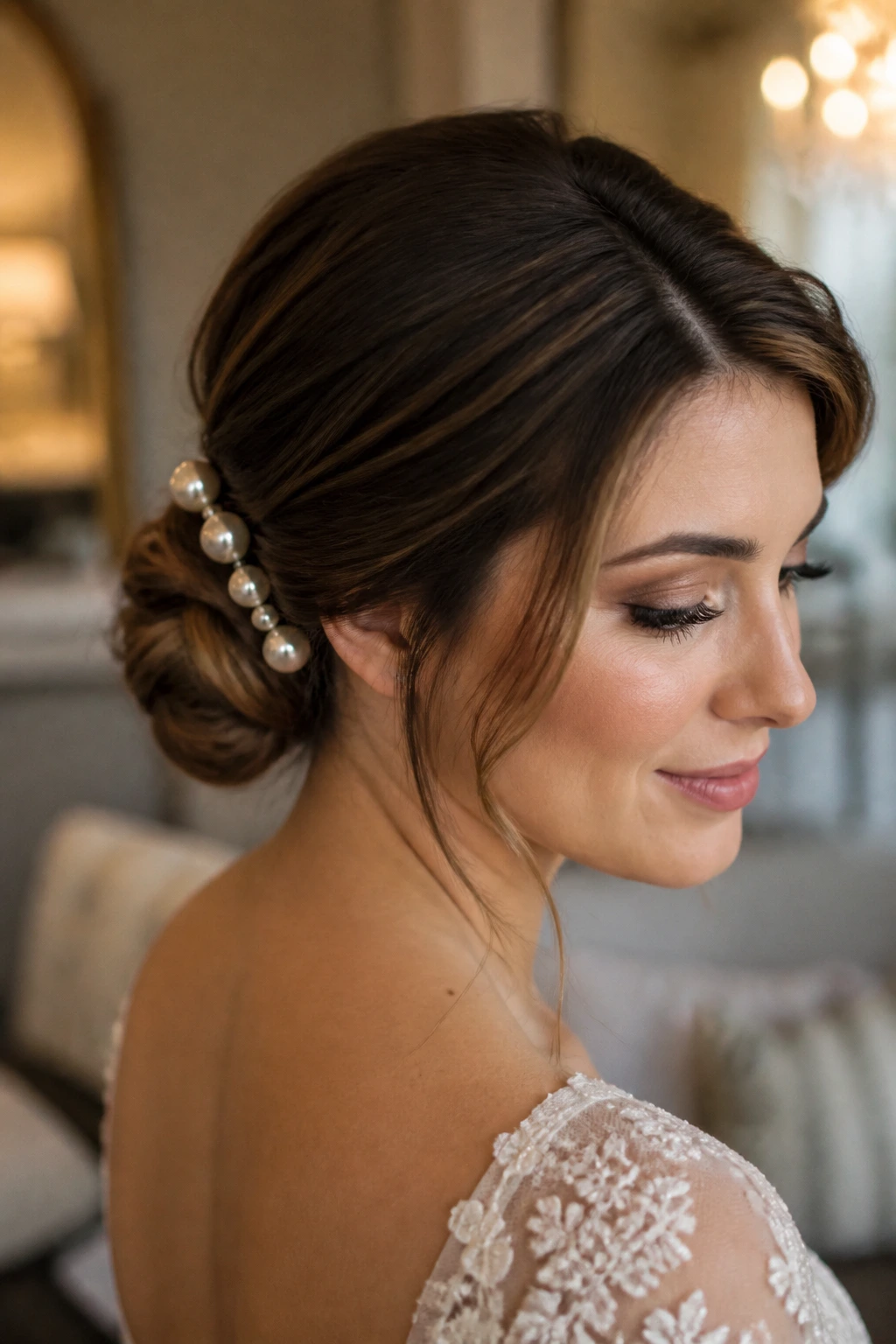 Bride with pearl-pinned low bun in a warm bridal suite