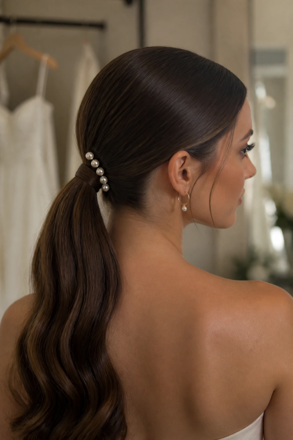 Close-up of a real woman with a center-part low ponytail accented by pearl pins on the side.