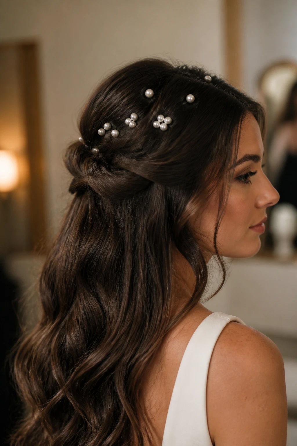 Bride with pearl pin clusters across the crown in a half-up style