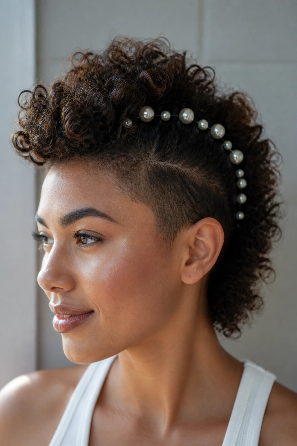 Close-up portrait of a real person with a curly faux hawk featuring pearl pins along the ridge