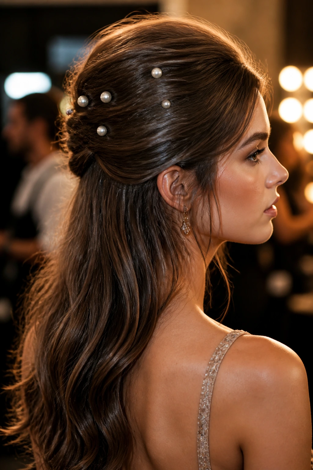 Real woman wearing a pearl-pinned volume half-up hairstyle with visible pearl pins