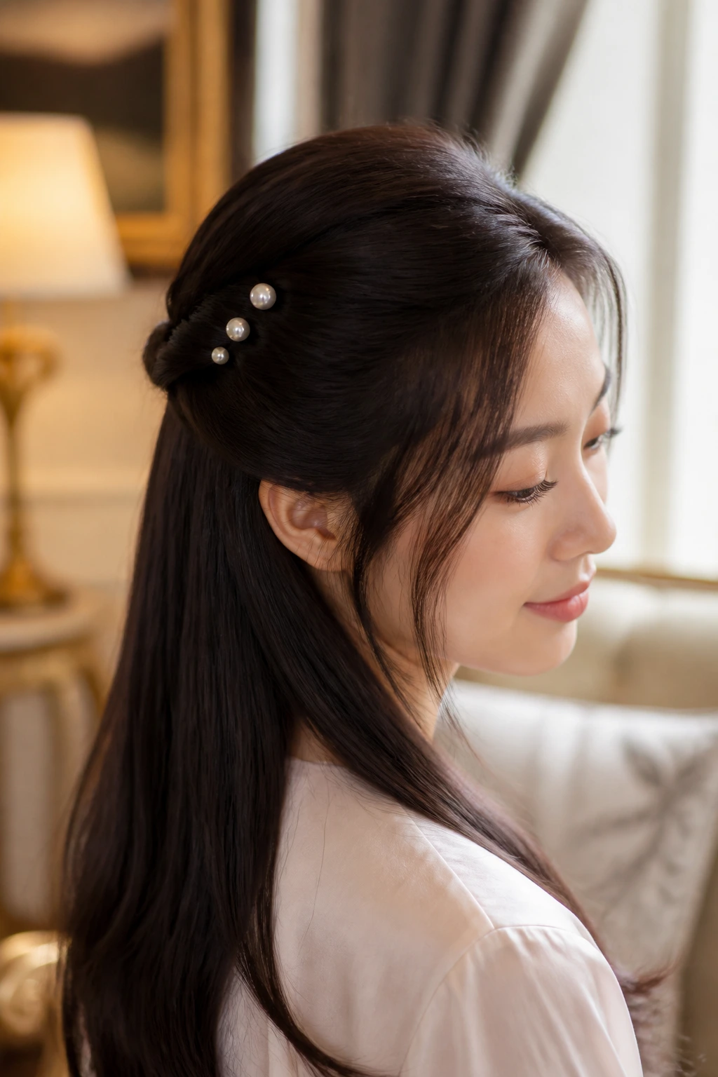 Close-up of a woman with a loose half-up twist and pearl pins.