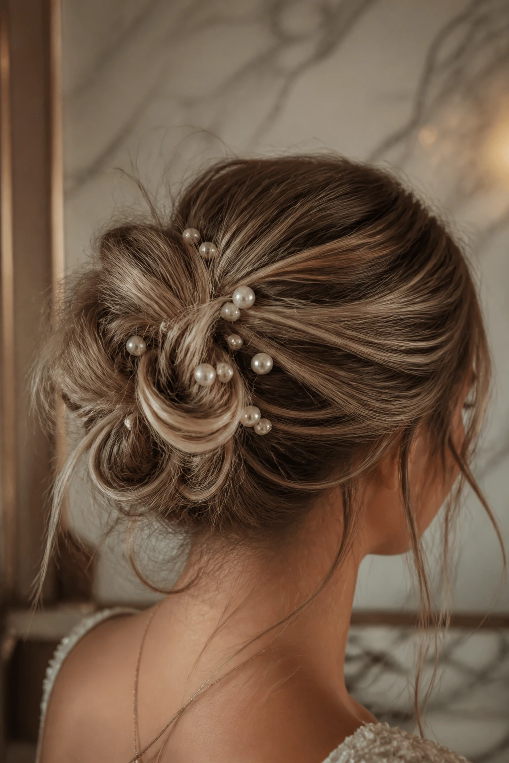 Close-up of a real woman with a messy knot secured with pearl pins.
