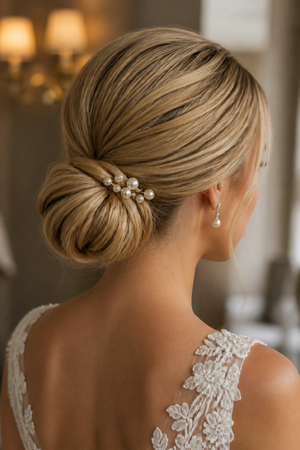 Bride with pearl-pinned low bun in warm indoor light.