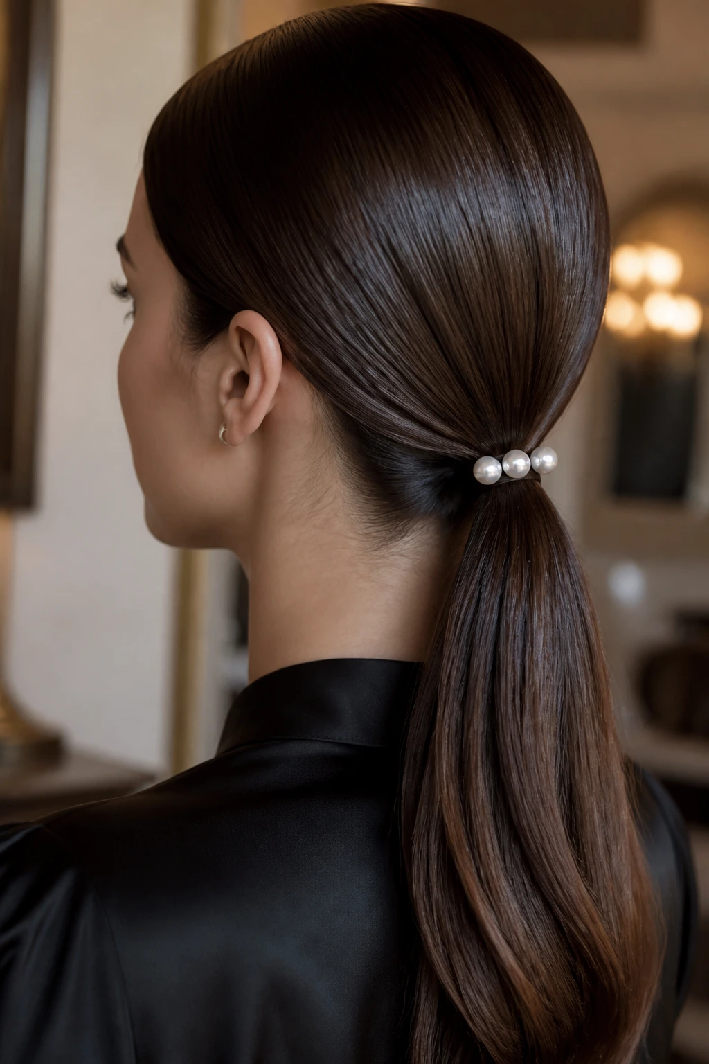 Close-up of real woman with pearl-accent low ponytail at the nape