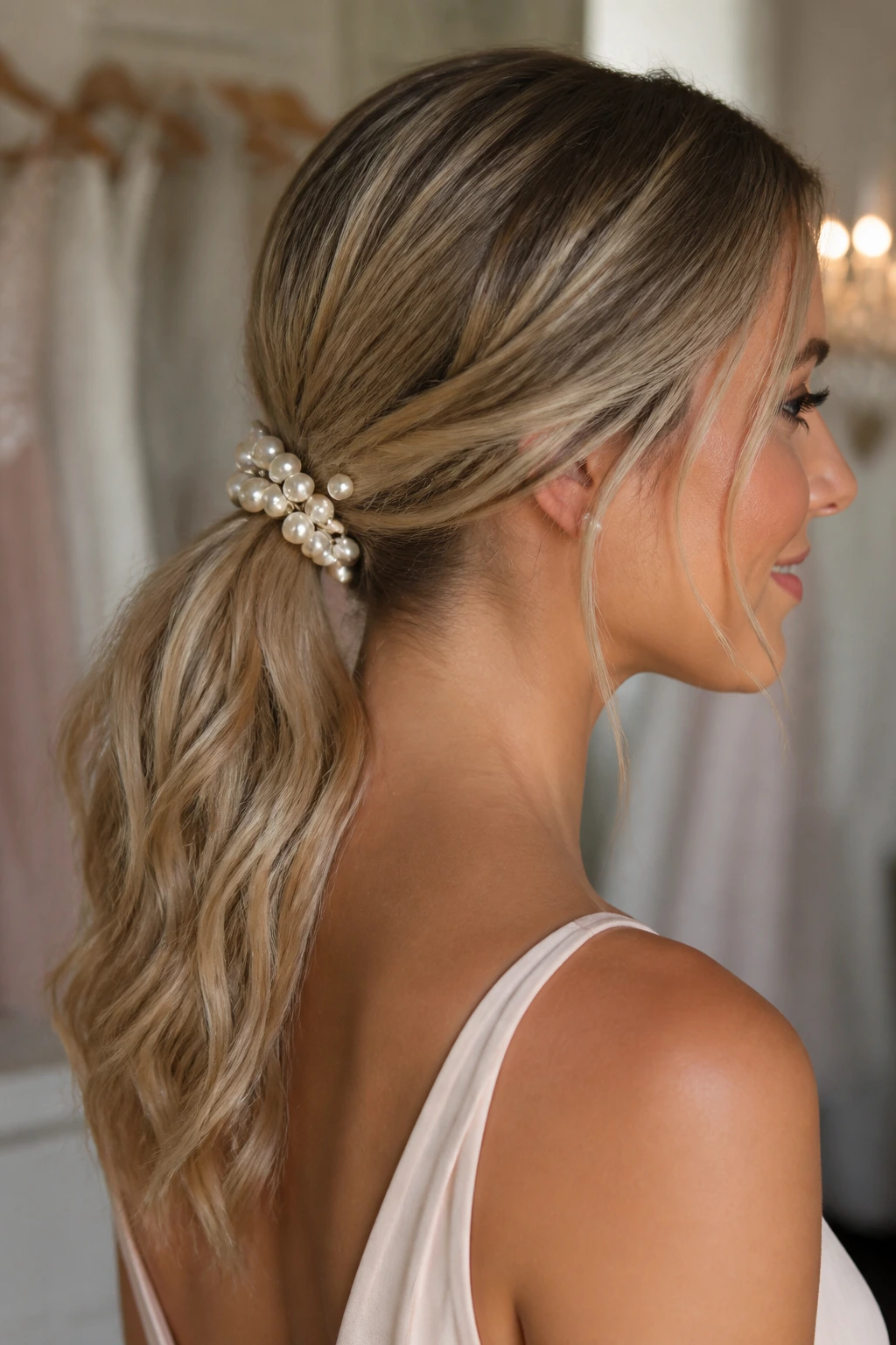Close-up of a low ponytail with pearl pins at the base on a real person