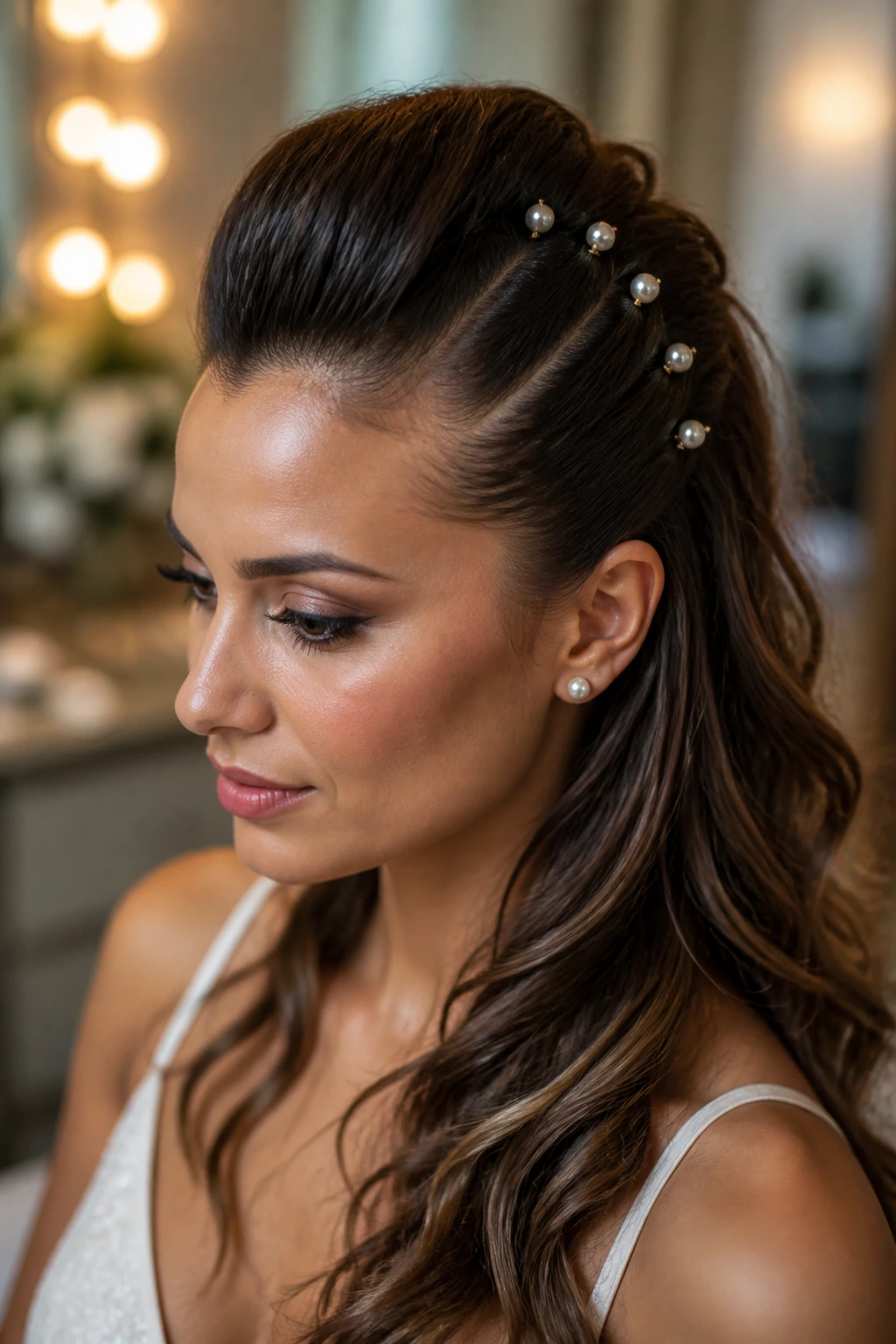 Close-up of a woman with a pearl-pin mohawk, showing polished center ridge and pearl accents.