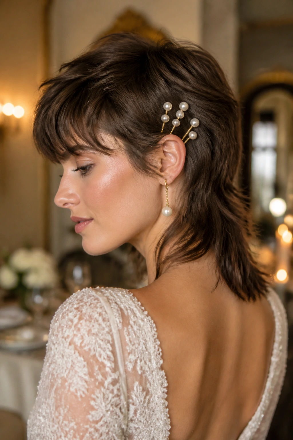 Bride with pearl-pin mullet side profile