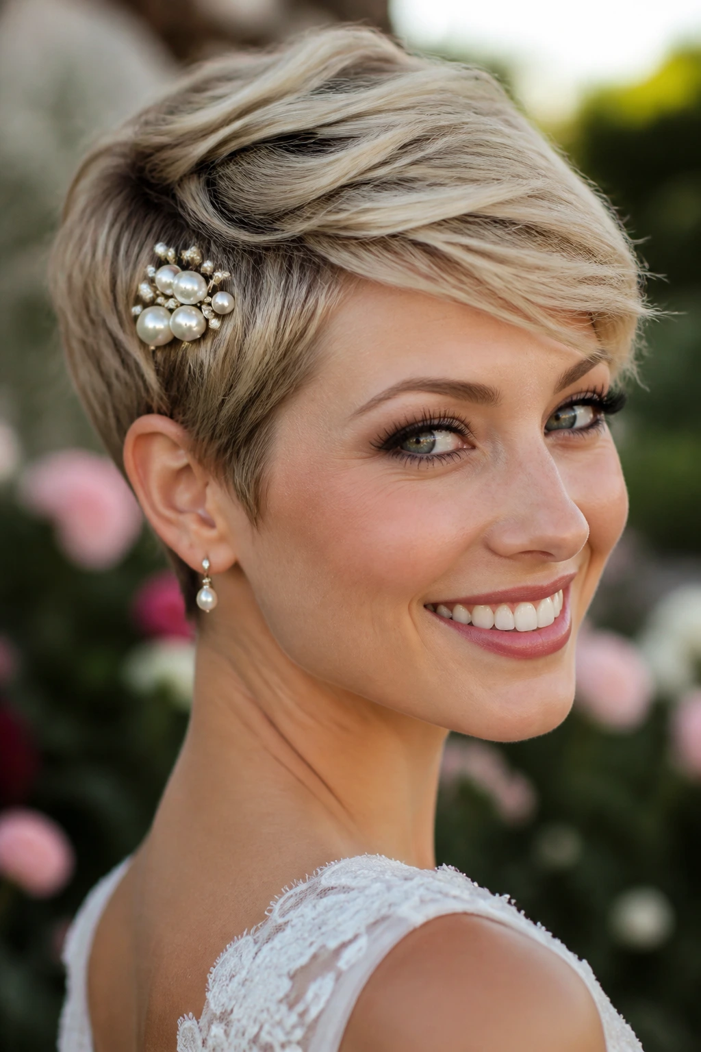 Bride with pixie cut adorned with pearl pins near temple in garden backdrop.