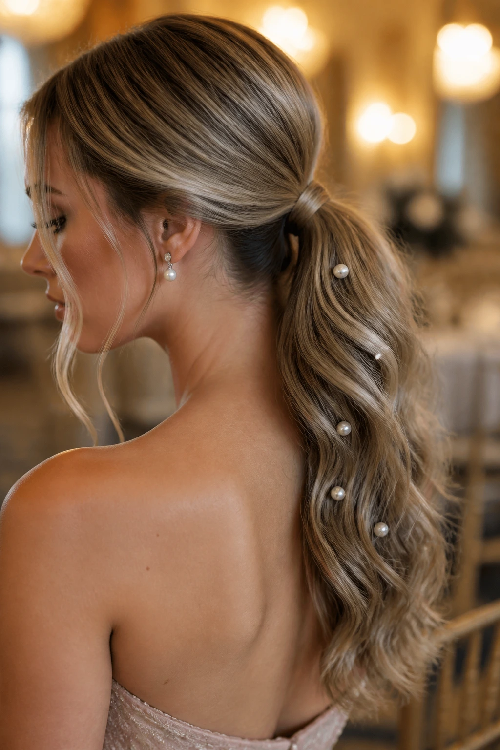 Close-up of a real woman with a low ponytail adorned with pearl pins
