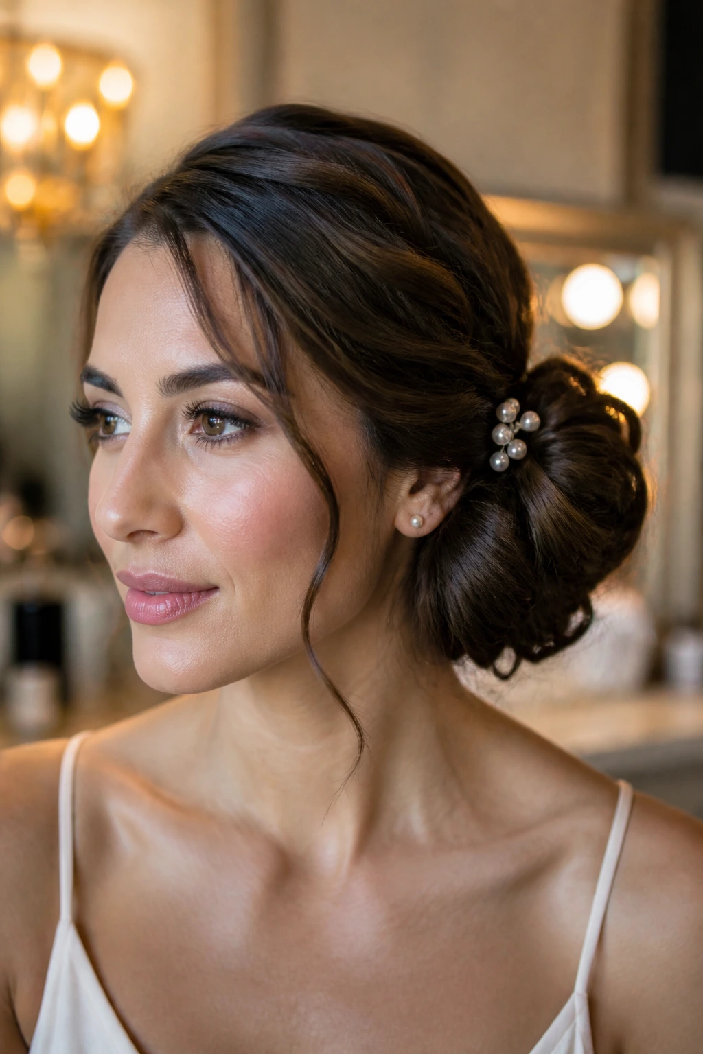 Close-up of a real woman with a pearl-pinned side bun