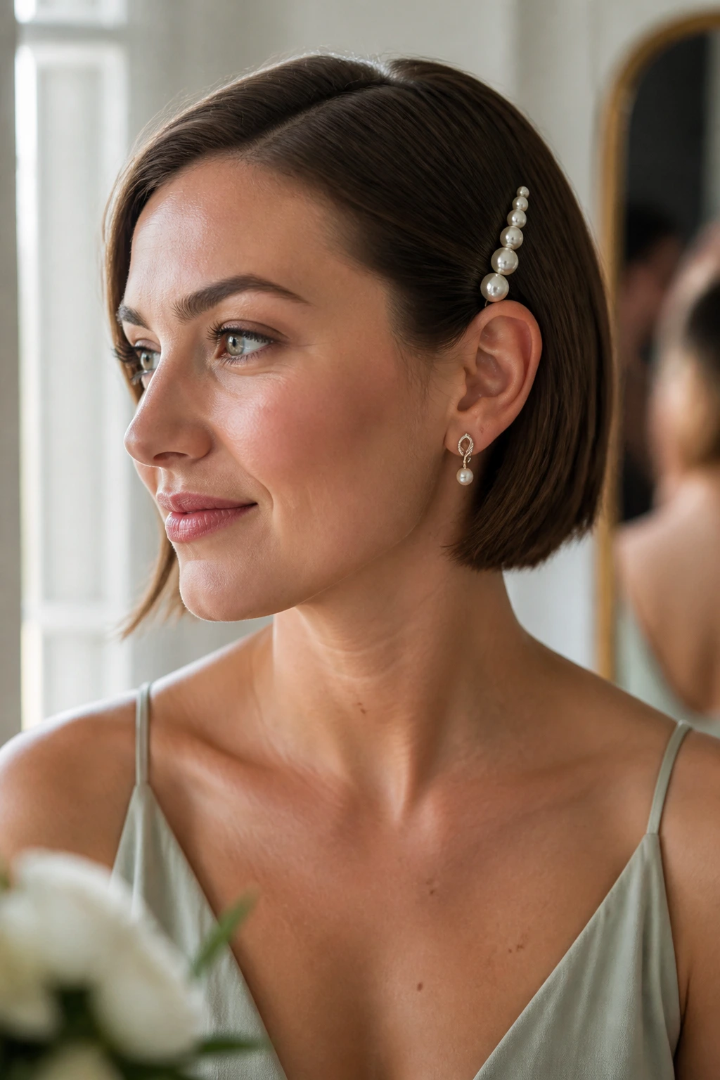 Close-up of a real woman with a sleek tucked-behind-ear hairstyle and pearl pins.