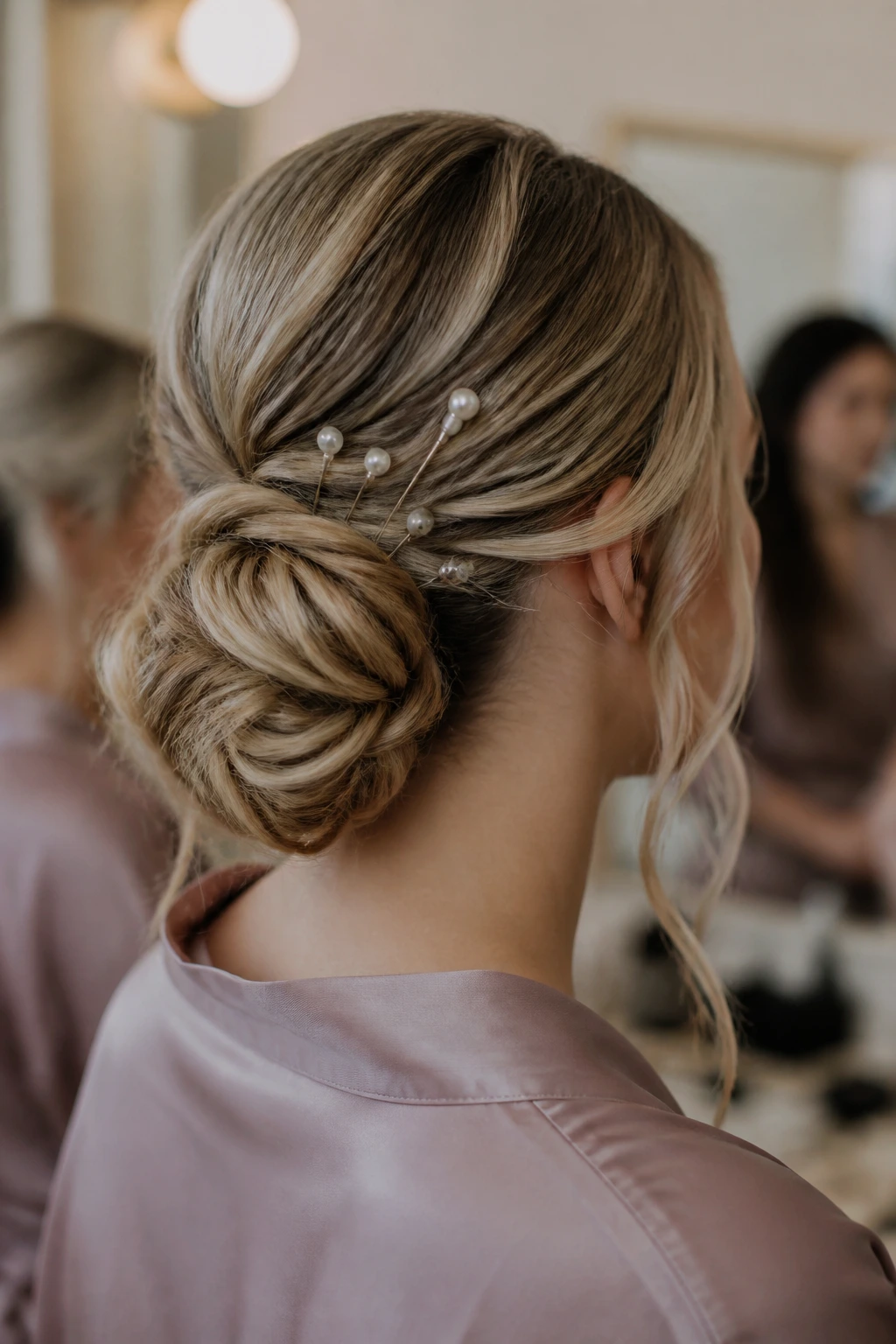 Bridesmaid updo with slim pearl pins in hair