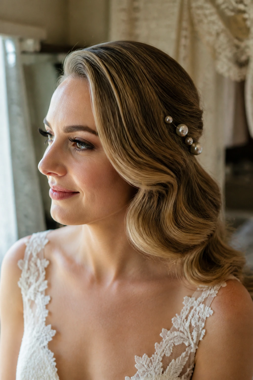 Close-up bride with Pearl-Pinned Waves hairstyle featuring scattered pearl pins on one side